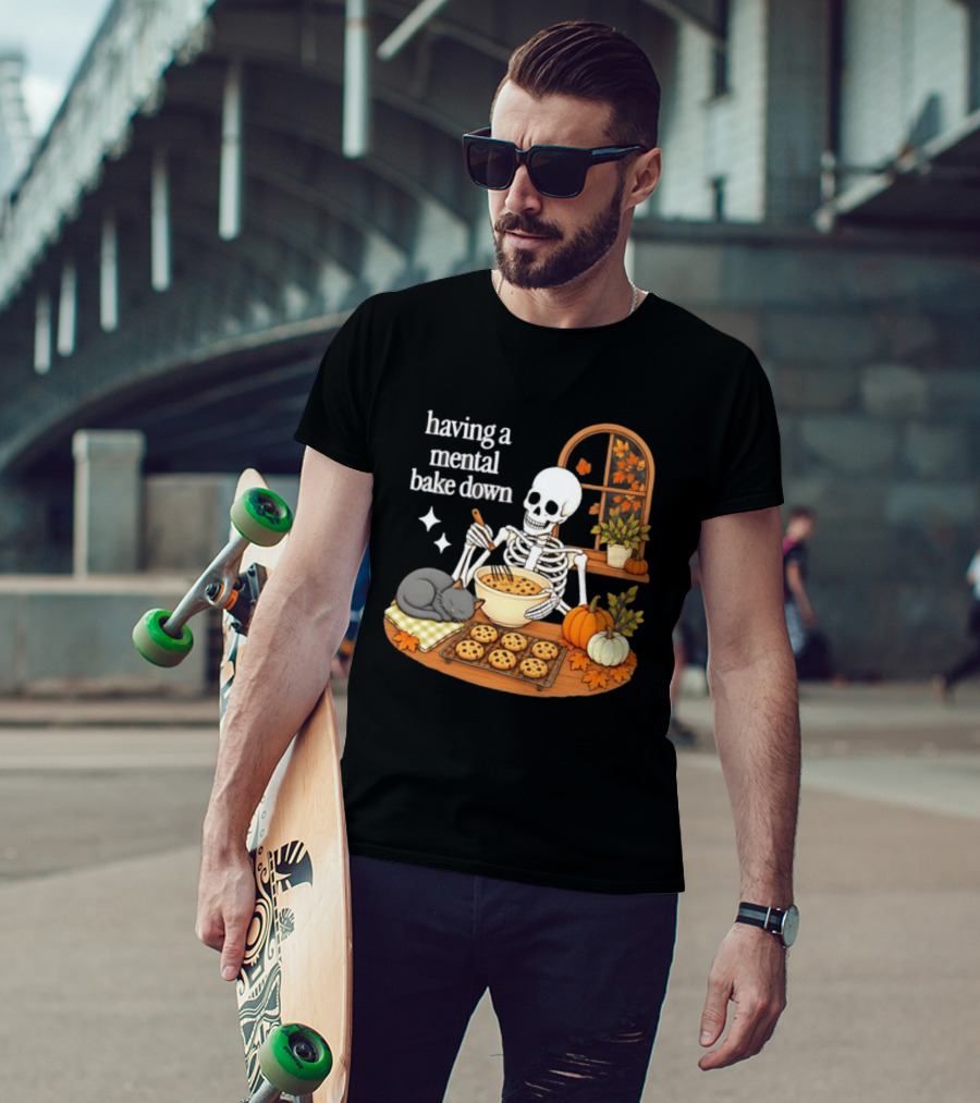 Having A Mental Bake Down Skeleton Baking With Cat And Pumpkins T-Shirt