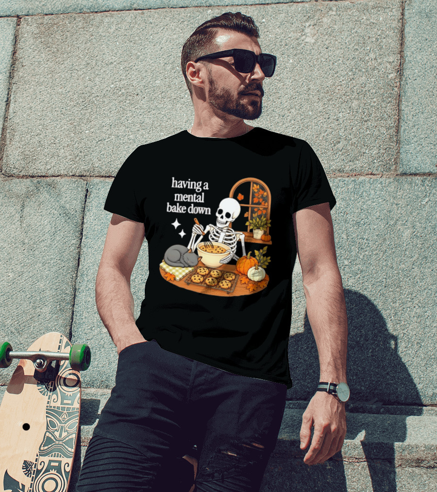 Having A Mental Bake Down Skeleton Baking With Cat And Pumpkins T-Shirt