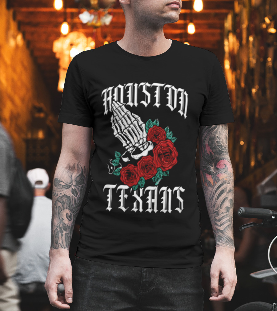 Houston Texans Praying Hands Red Roses Dia De Los Muertos T-Shirt