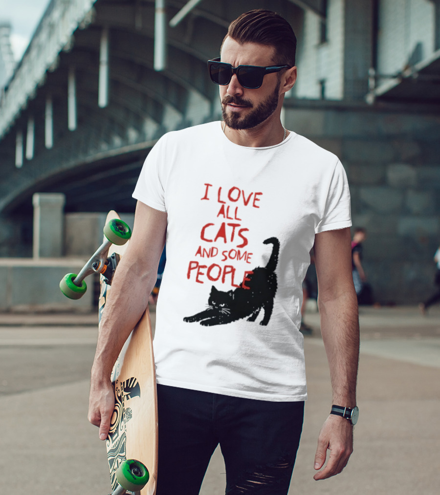 I Love All Cats And Some People Funny Cat Lovers Stretching Black Cat T-Shirt