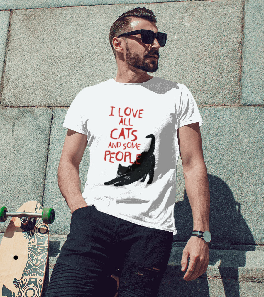 I Love All Cats And Some People Funny Cat Lovers Stretching Black Cat T-Shirt