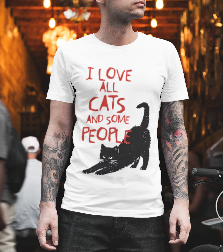 I Love All Cats And Some People Funny Cat Lovers Stretching Black Cat T-Shirt