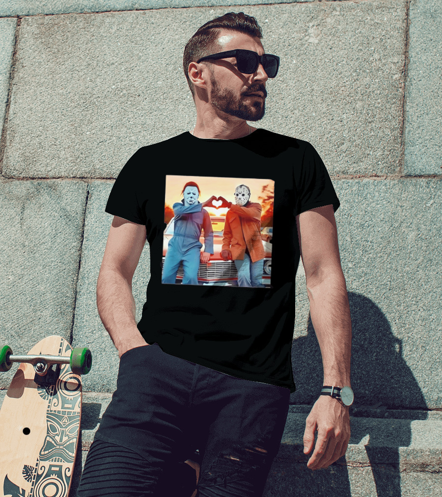 Jason Voorhees Michael Myers Heart Sign Halloween Retro Car Sunset T-Shirt