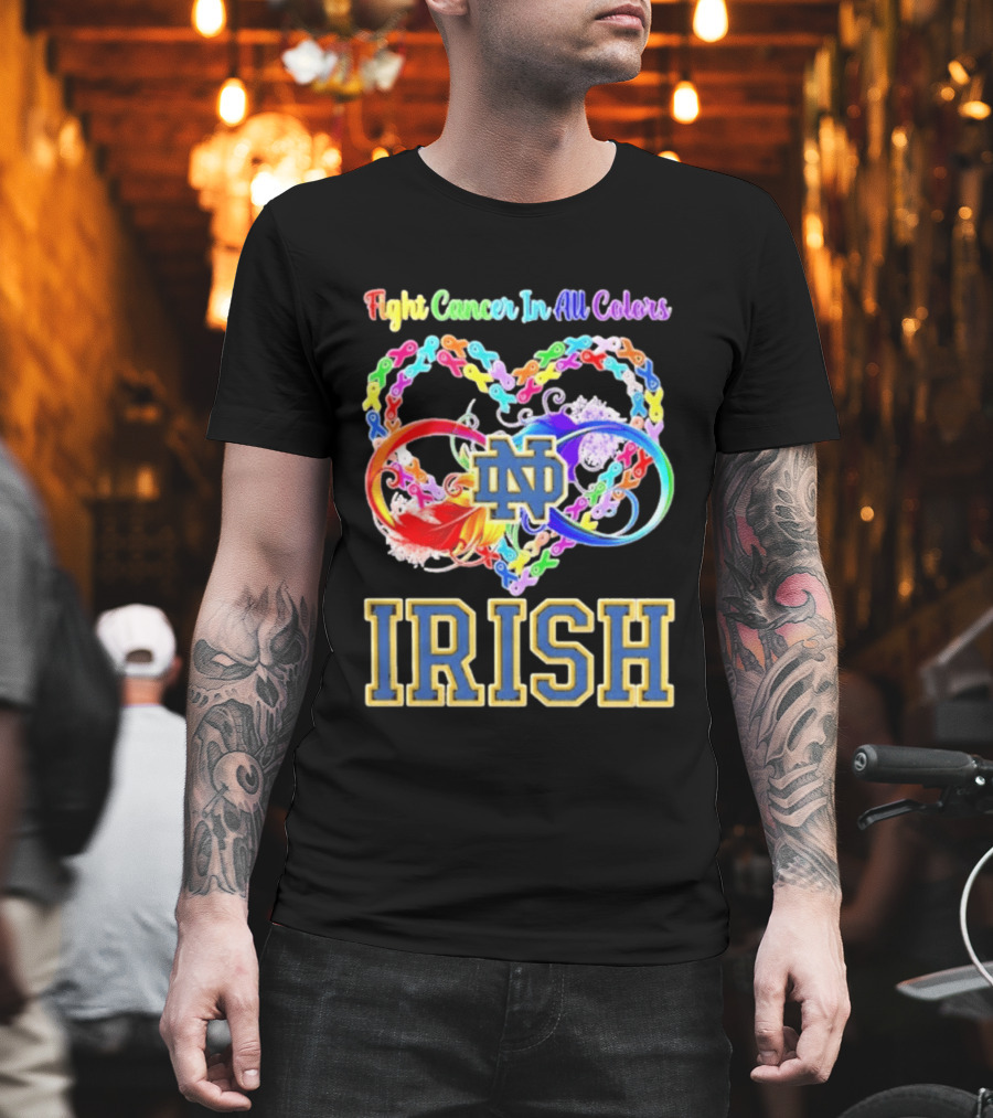 Fight Cancer In All Colors Notre Dame Irish Cancer Awareness Ribbon Heart T-Shirt