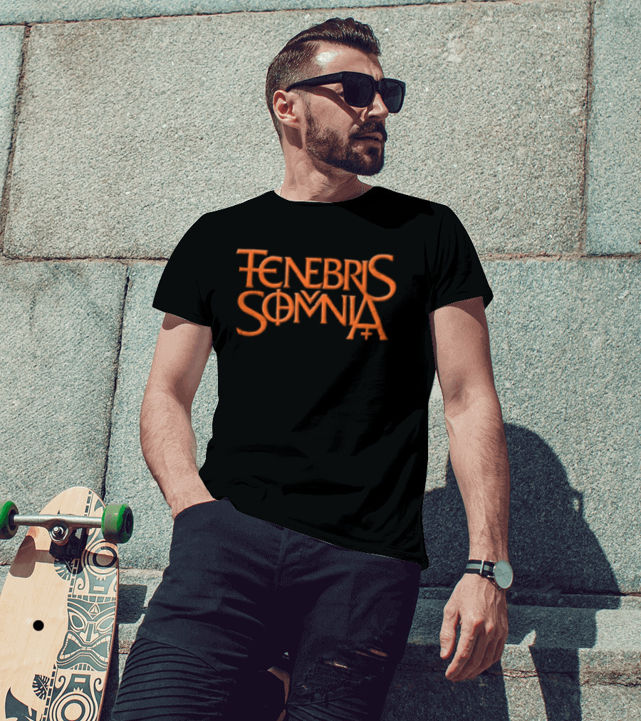 Tenebris Somnia Orange Gothic Lettering Black T-Shirt