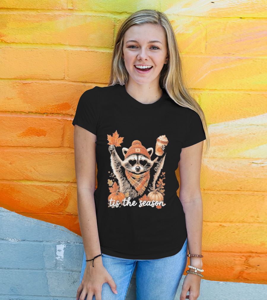 Tis The Season Raccoon With Fall Pumpkin Coffee And Autumn Leaves T-Shirt
