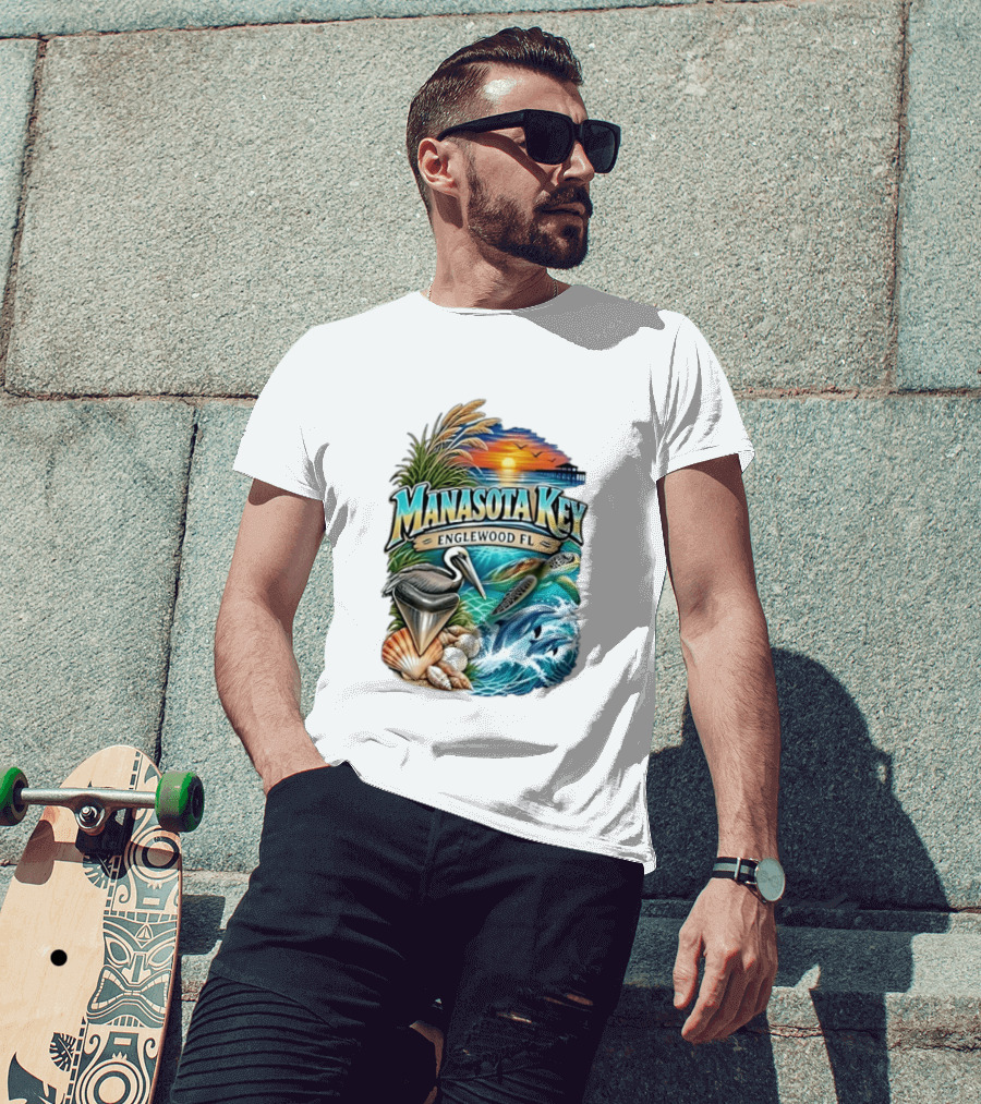 Manasota Key Englewood FL Beach Scene With Pelican Dolphins Shells And Sunset T-Shirt