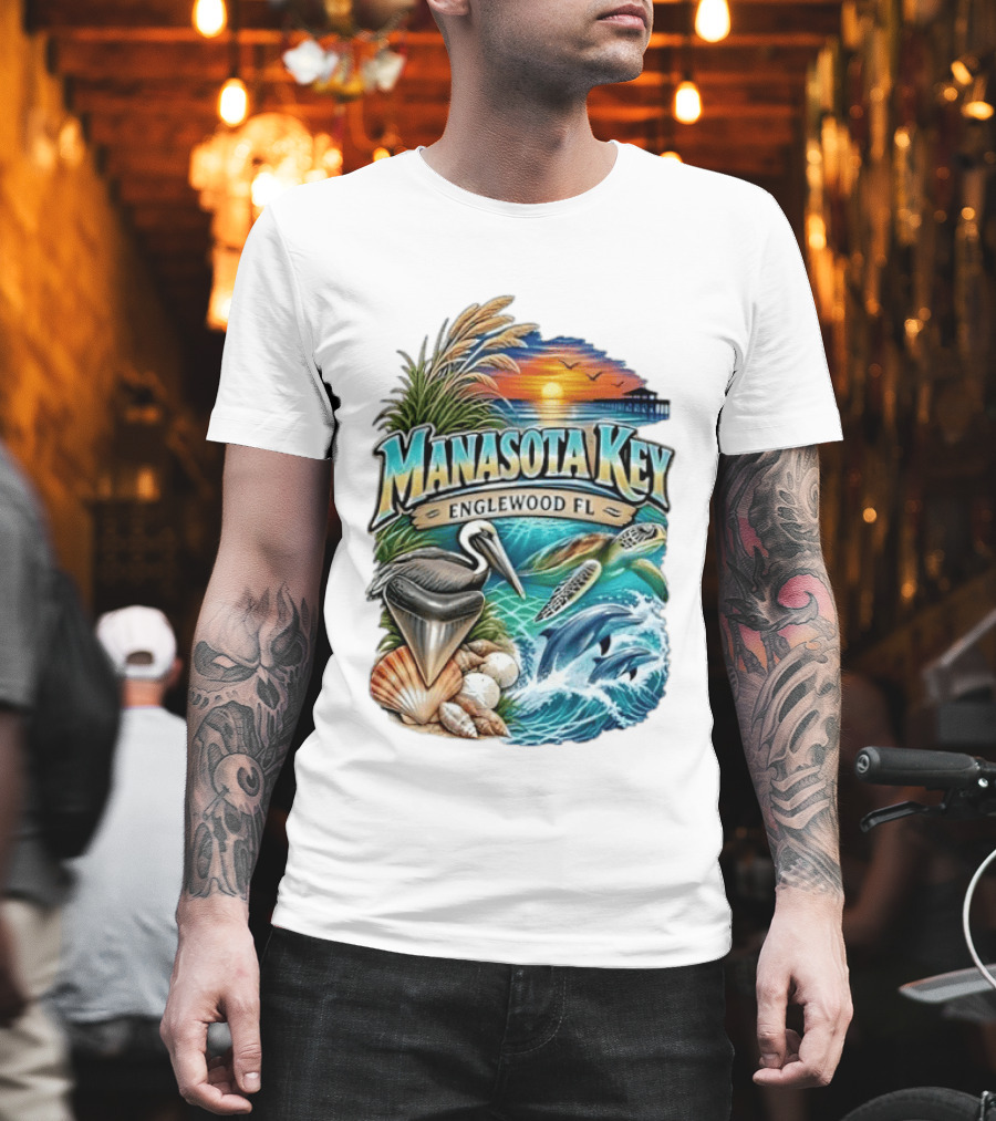 Manasota Key Englewood FL Beach Scene With Pelican Dolphins Shells And Sunset T-Shirt