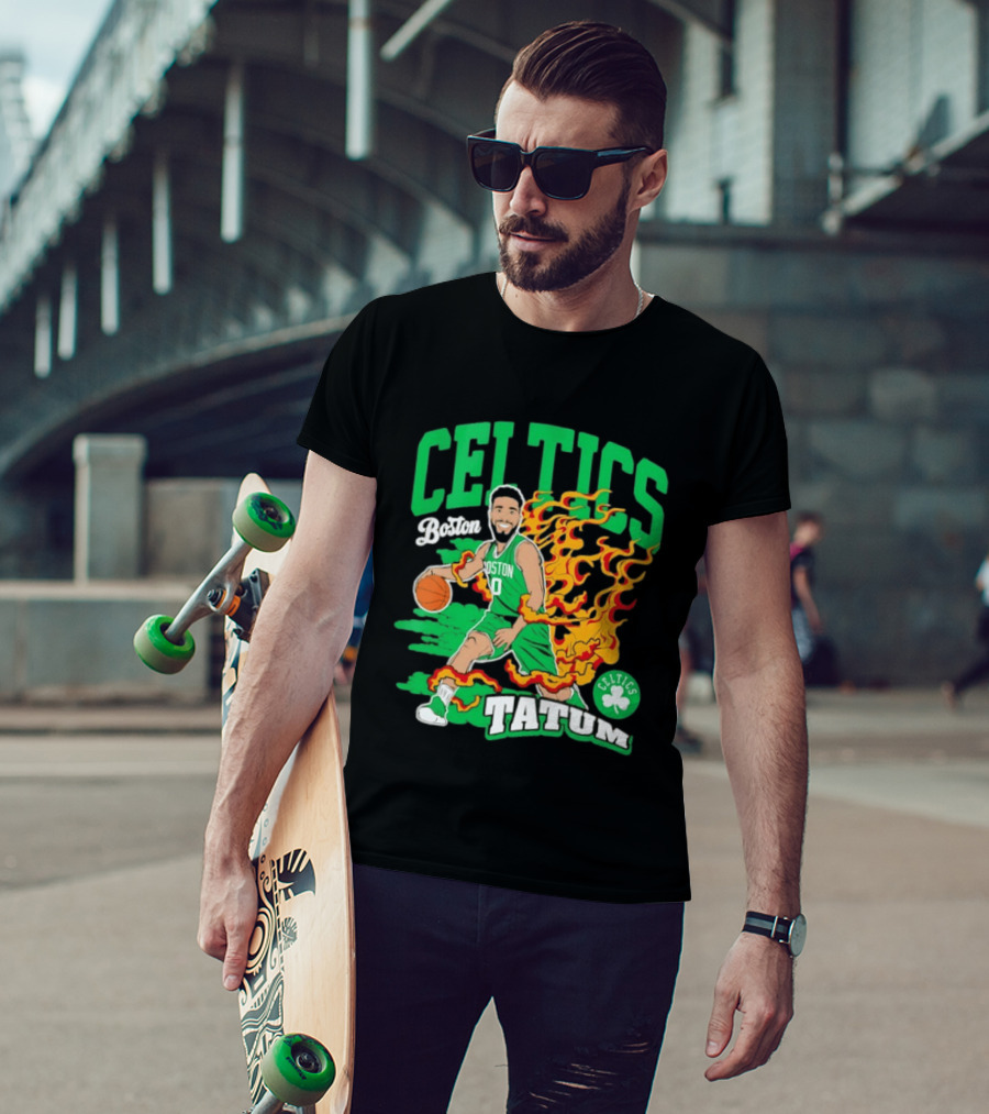 Boston Celtics Jayson Tatum Fired Up Basketball Flames T-Shirt