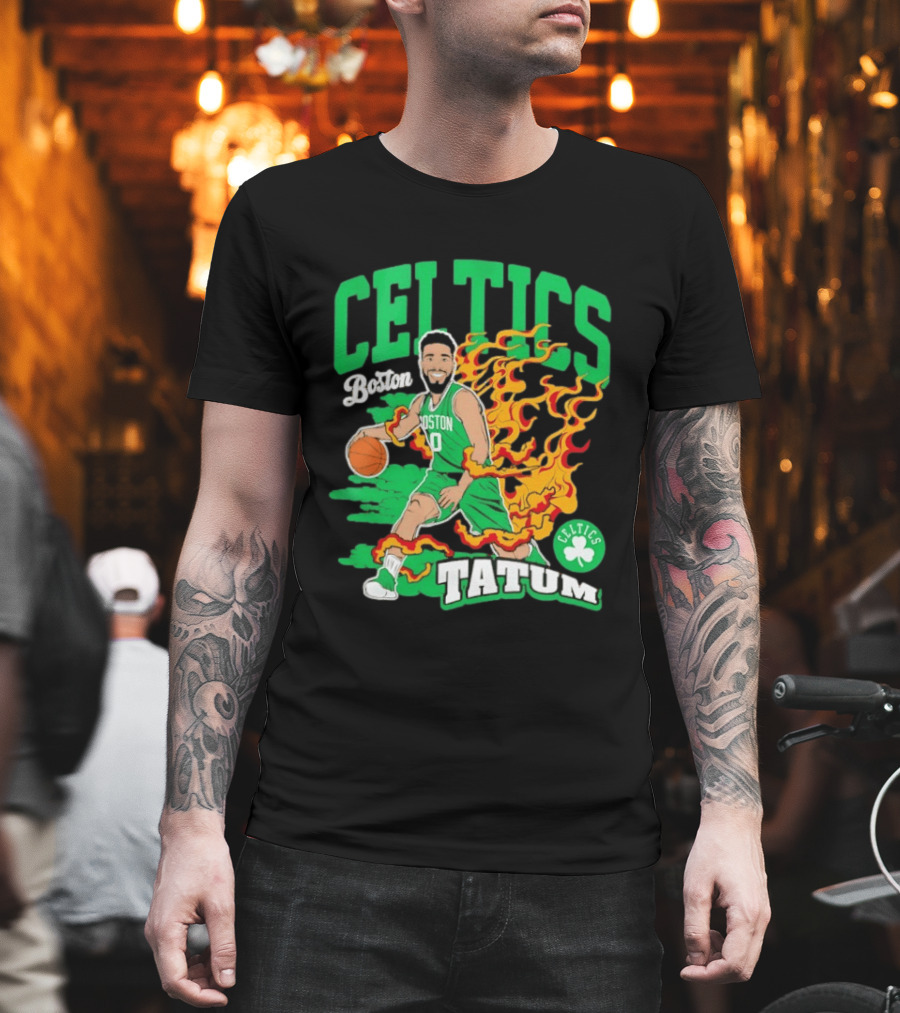 Boston Celtics Jayson Tatum Fired Up Basketball Flames T-Shirt