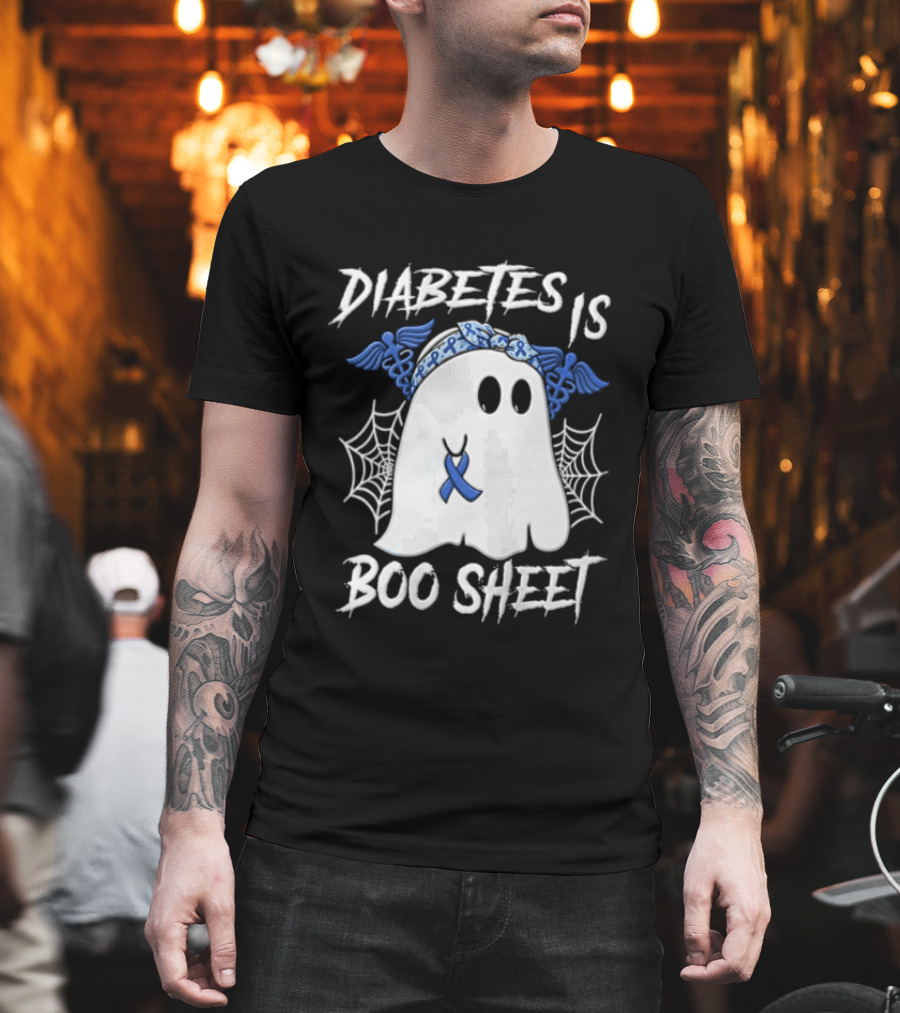 Diabetes IS BOO Sheet Ghost With Blue Ribbon Headband Halloween T-Shirt