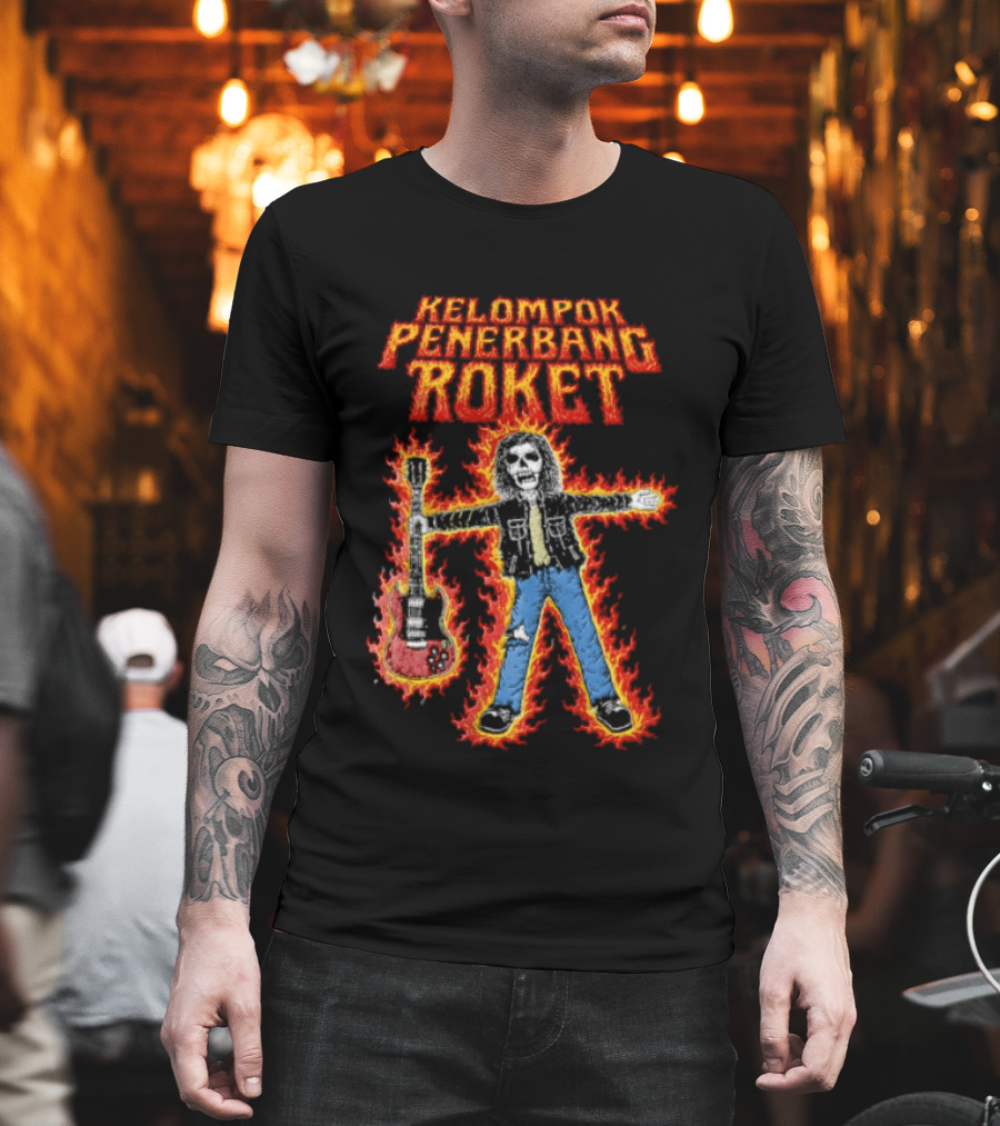 Kelompok Penerbang Roket Skeleton Guitarist In Flames Keegan Records T-Shirt