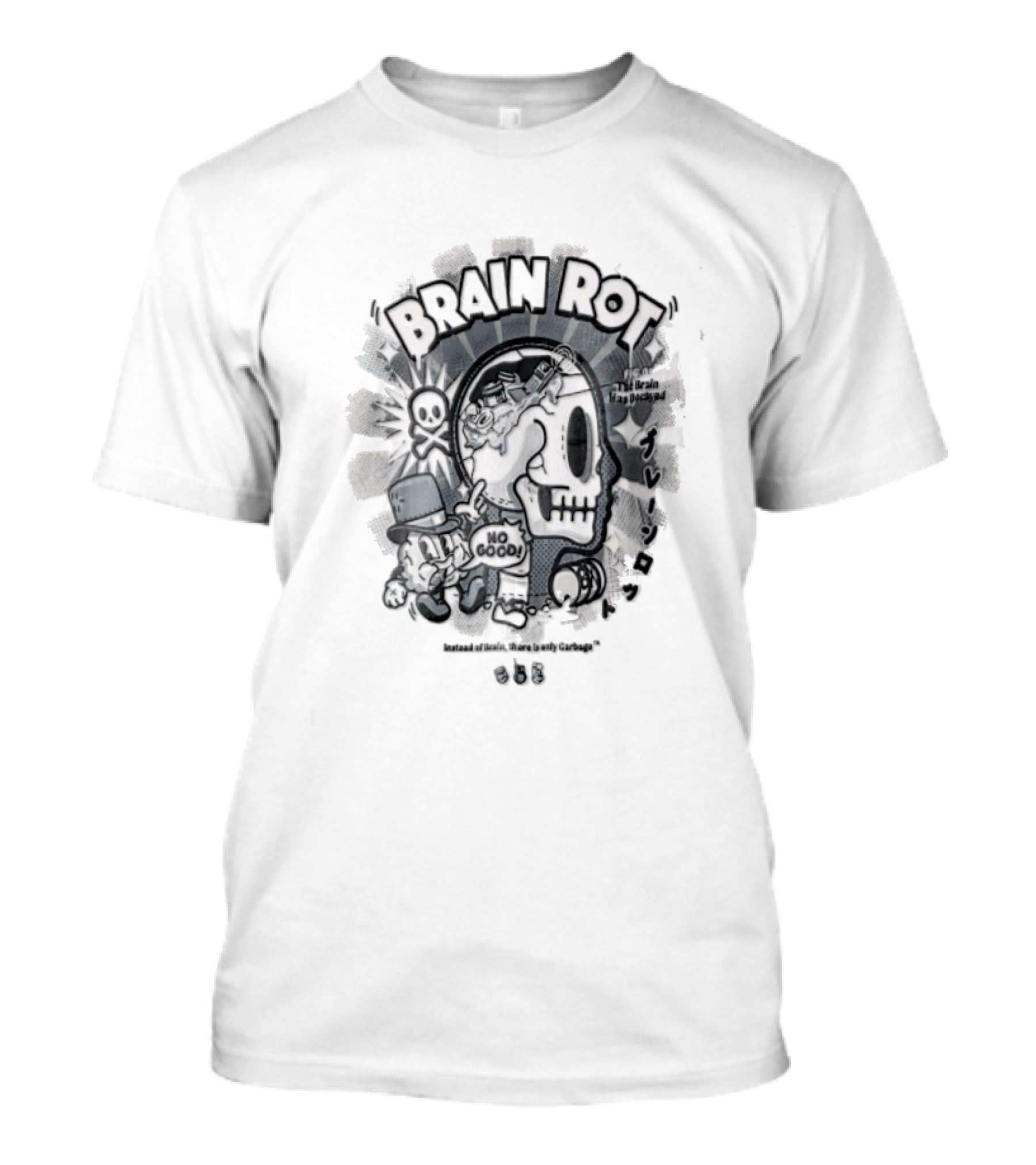 BRAIN ROT Skull Top Hat No Good Text Vintage Cartoon T-Shirt