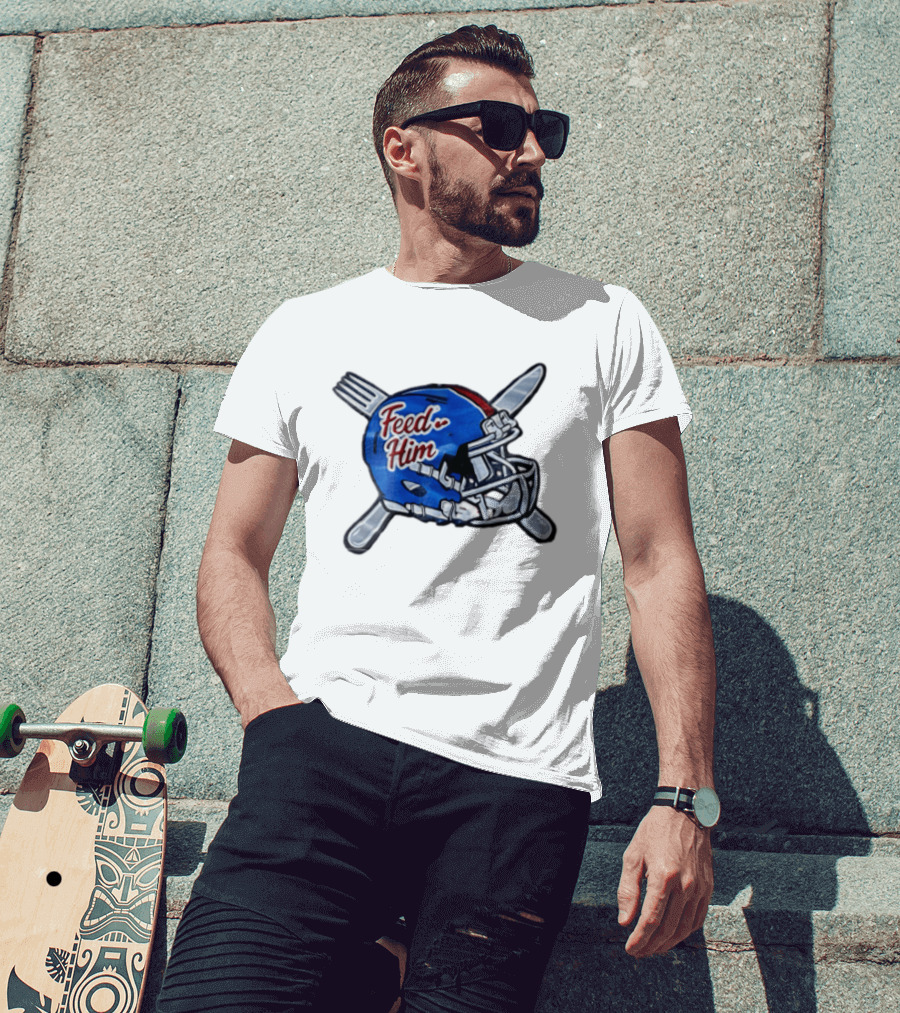 Feed Him Blue Football Helmet Crossed Utensils Fork Knife T-Shirt