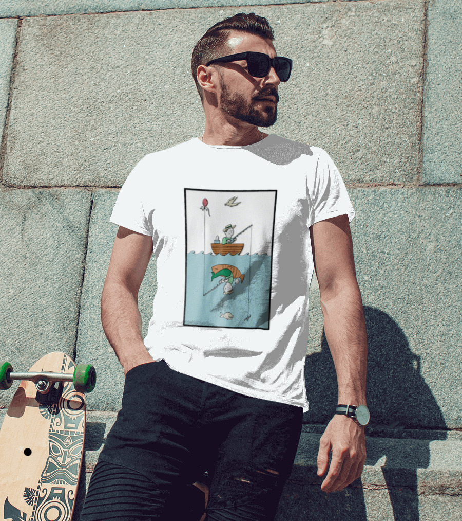 Fisherman In Boat Catching Hidden Mermaid With Fishing Line T-Shirt