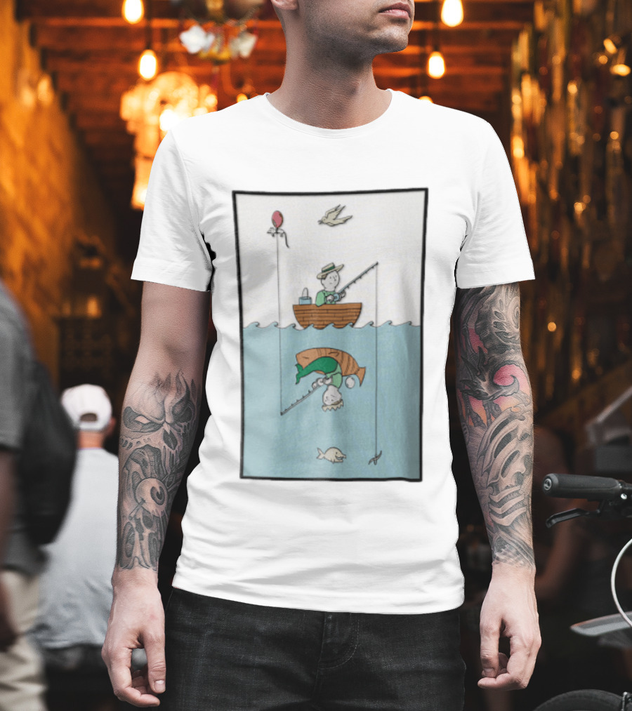 Fisherman In Boat Catching Hidden Mermaid With Fishing Line T-Shirt