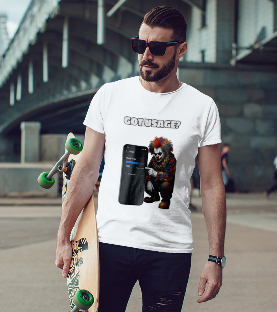 GOT Usage Clown Pointing At Smartphone Screen Weekly Usage 71% T-Shirt