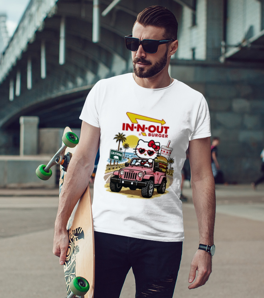 Hello Kitty In Pink Jeep With In N Out Burger California Adventure T-Shirt