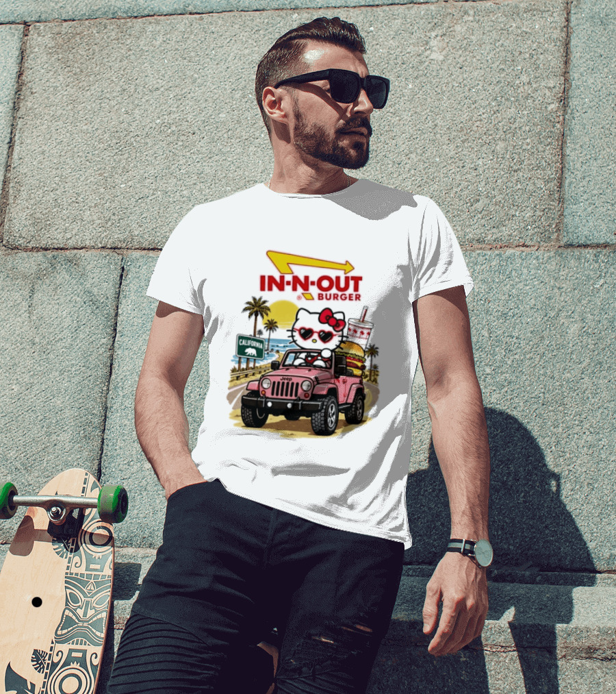 Hello Kitty In Pink Jeep With In N Out Burger California Adventure T-Shirt