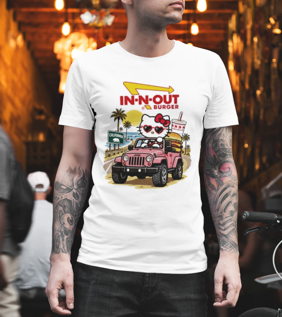 Hello Kitty In Pink Jeep With In N Out Burger California Adventure T-Shirt