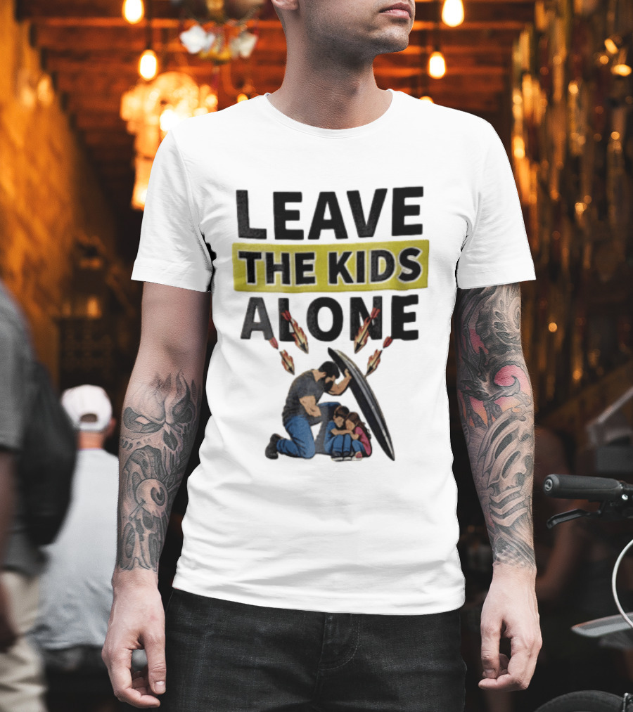 Leave The Kids Alone Bearded Man Shielding Children From Arrows T-Shirt