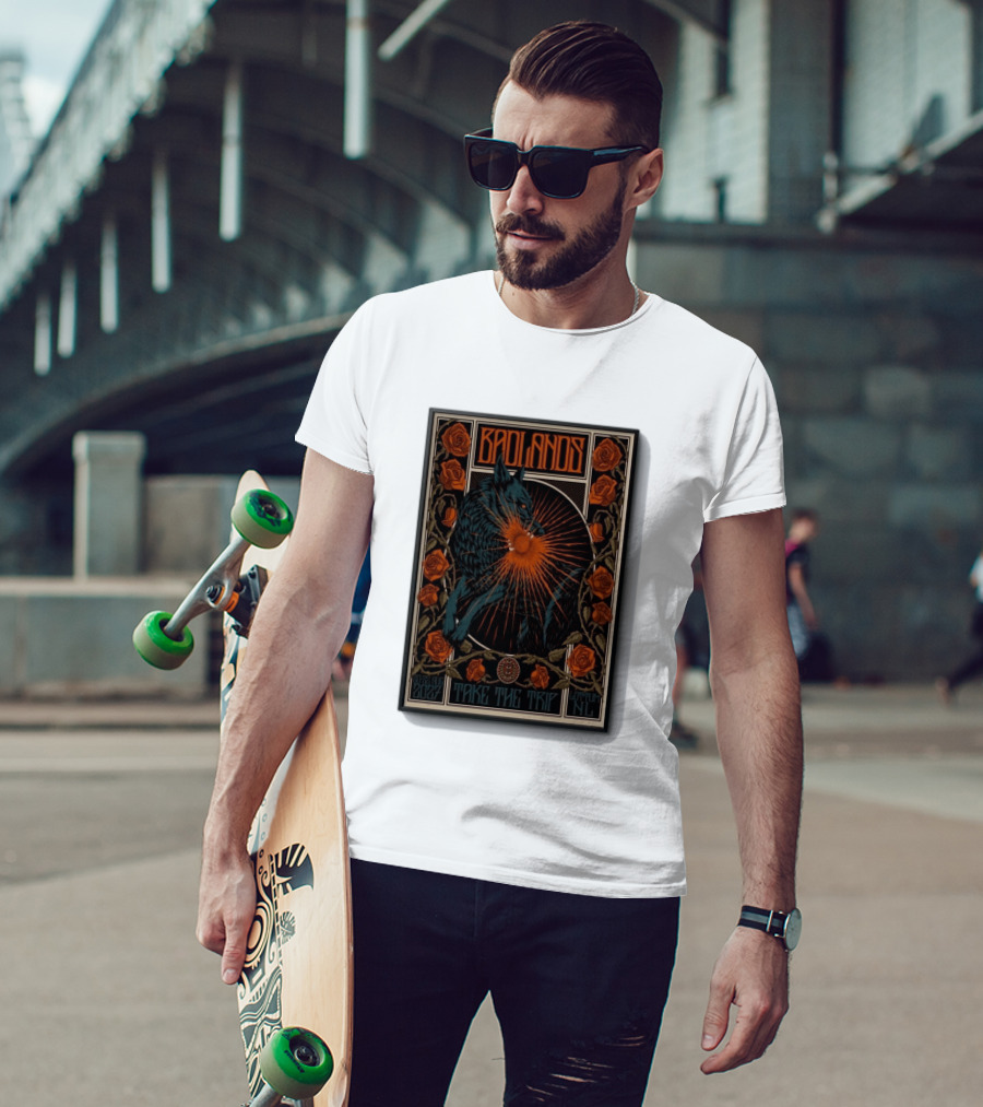 BADLANDS Festival Aug 20 22 2027 Take The Trip Stokterweg 14 Lottum Netherlands Retro Wolf And Roses T-Shirt