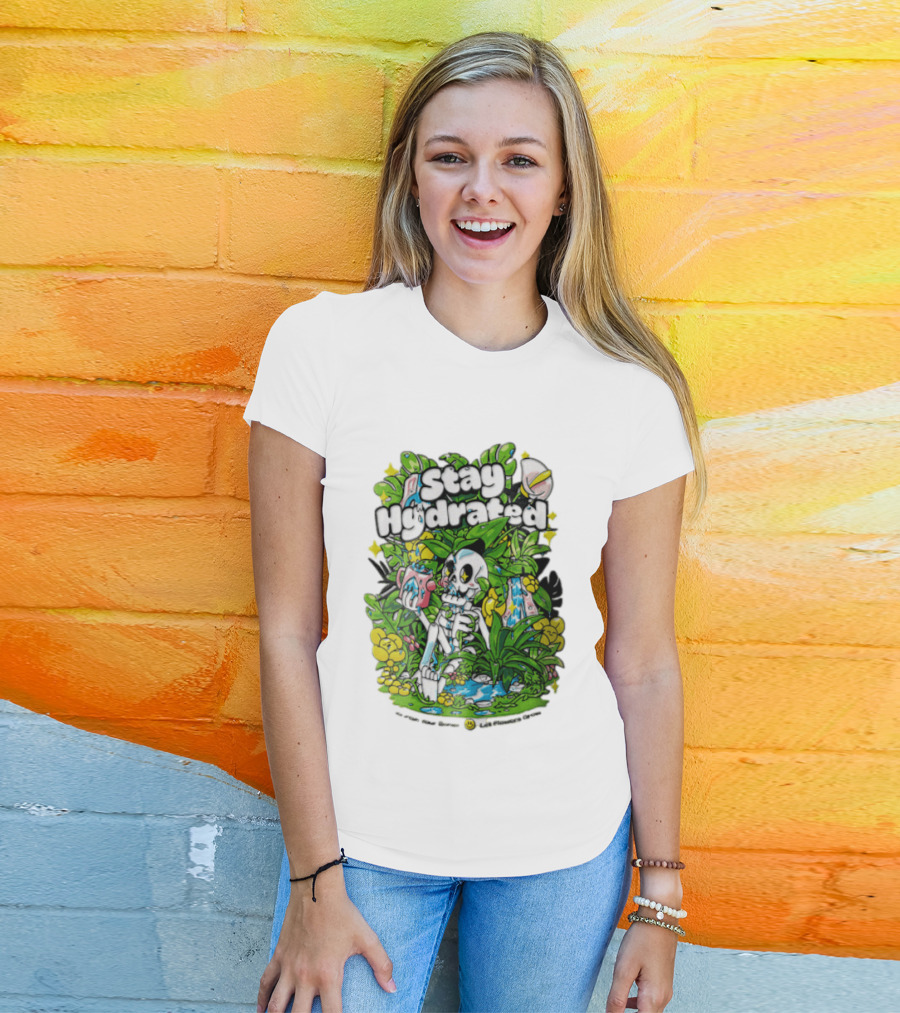 Stay Hydrated Quirky Skeleton Watering Lush Greenery And Flowers T-Shirt