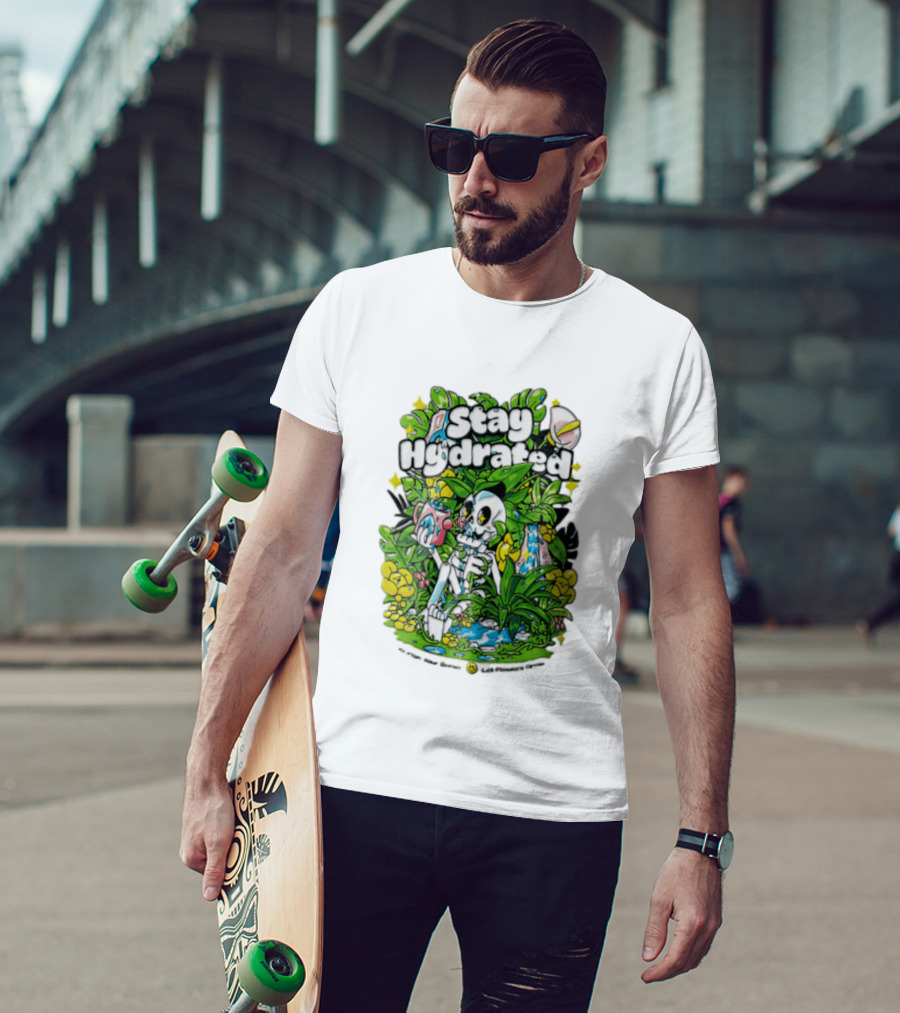 Stay Hydrated Quirky Skeleton Watering Lush Greenery And Flowers T-Shirt