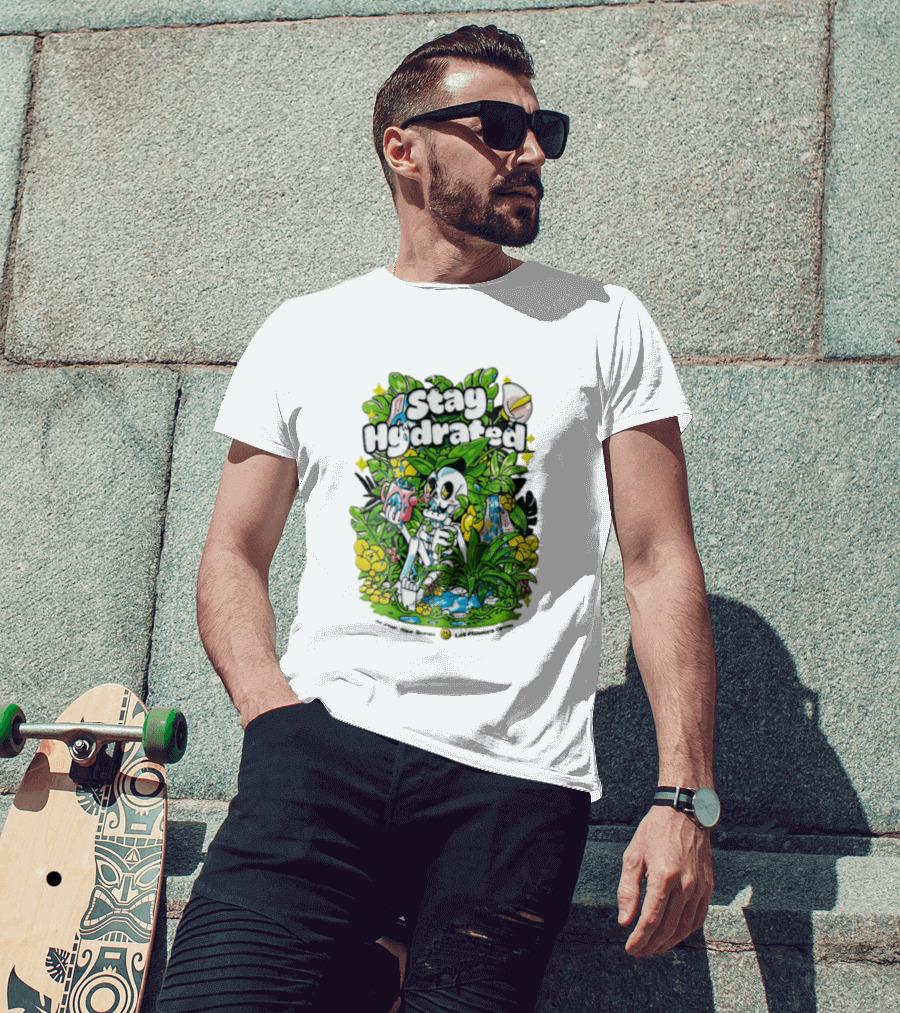 Stay Hydrated Quirky Skeleton Watering Lush Greenery And Flowers T-Shirt
