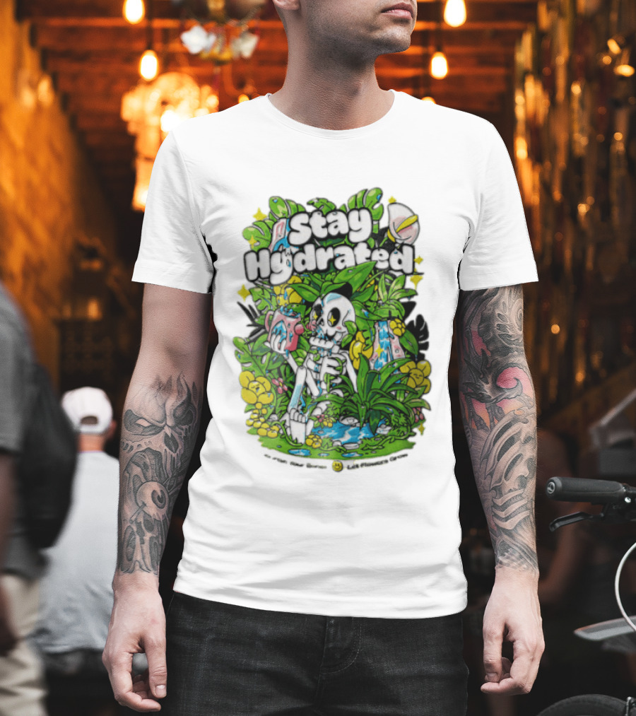 Stay Hydrated Quirky Skeleton Watering Lush Greenery And Flowers T-Shirt