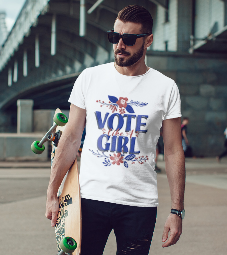 Vote Like A Girl Blue Red Pink Floral Accents T-Shirt