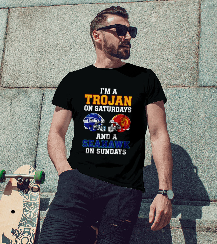I'm A Trojan On Saturdays And A Seahawk On Sundays Football Helmets T-Shirt