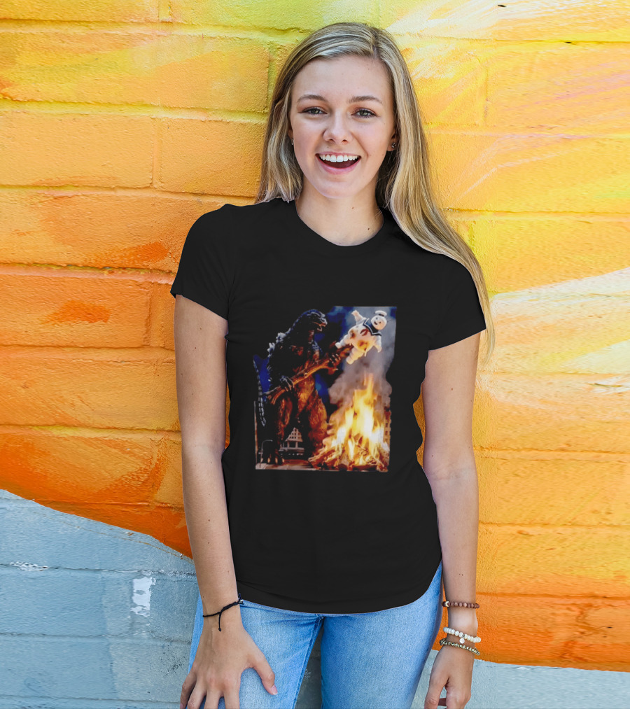 Kaiju Campfire Godzilla Holding Stay Puft Marshmallow Man T-Shirt