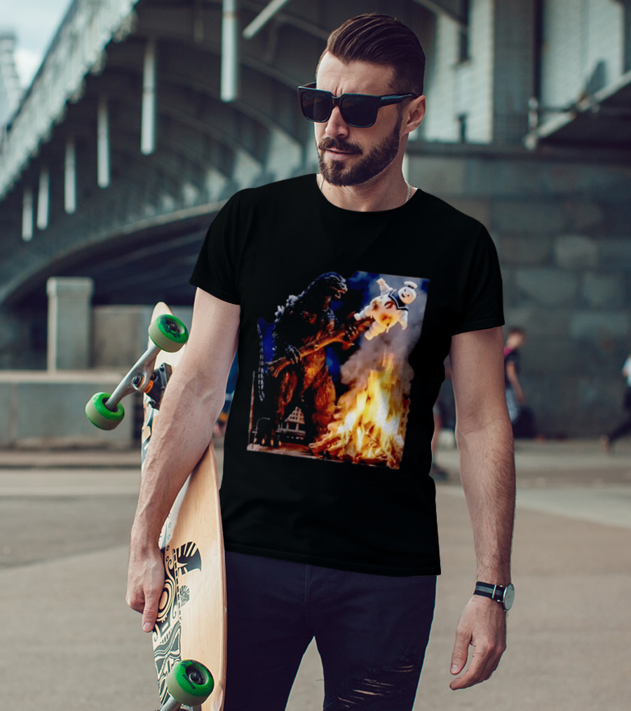 Kaiju Campfire Godzilla Holding Stay Puft Marshmallow Man T-Shirt