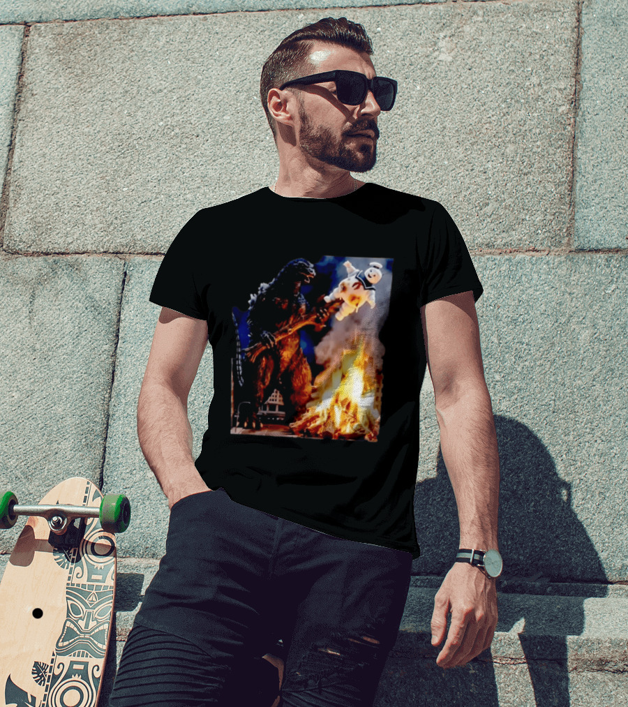 Kaiju Campfire Godzilla Holding Stay Puft Marshmallow Man T-Shirt