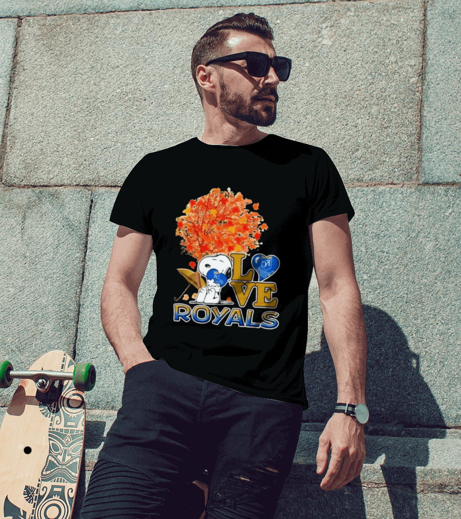 KC Royals Love Snoopy Hug Heart Peanuts Baseball Fall Tree T-Shirt