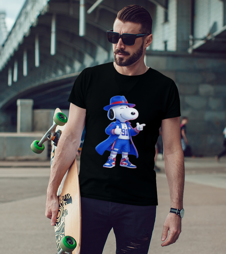 Snoopy New York Giants Football Player Cartoon Blue Coat And Hat T-Shirt