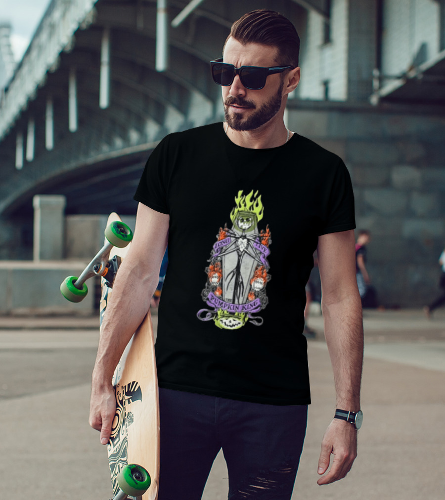 The Nightmare Before Christmas Long Live The Pumpkin King Skeleton Coffin Flames Pumpkins T-Shirt