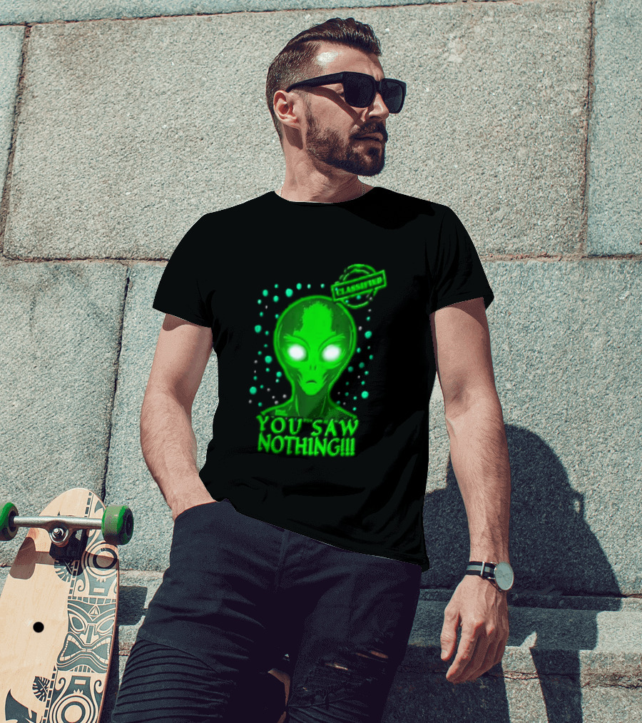 Green Alien You Saw Nothing Glowing Eyes UFO Dots T-Shirt