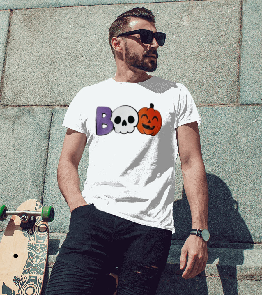 BOO Skull Pumpkin Purple Letter Halloween Fun T-Shirt