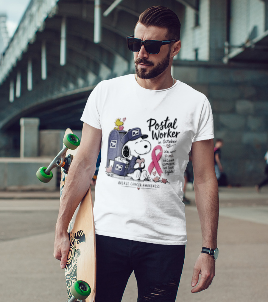 Postal Worker Snoopy And Woodstock With Pink Ribbon Supporting Fighters T-Shirt