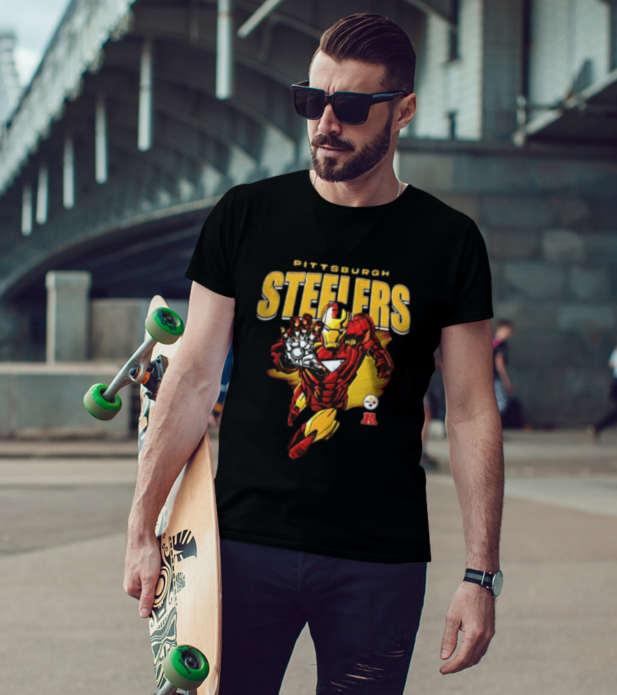 Pittsburgh Steelers Iron Man Flying Forward Graphic Suit Officially Licensed NFL Marvel Collaboration T-Shirt