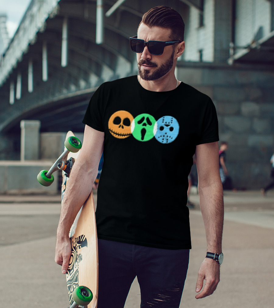 Halloween Horror Characters Colorful Circles Skulls And Masks T-Shirt