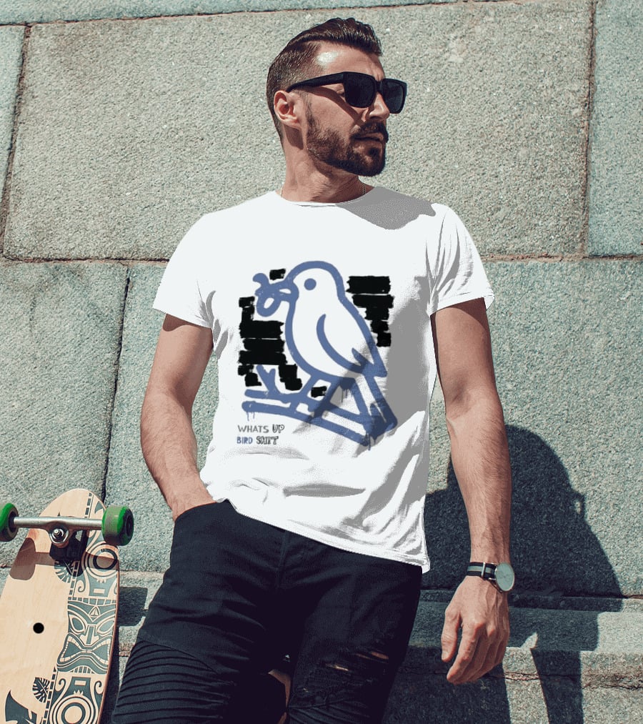 Drewtube What Up Bird Shit Funny Sparrow Holding Curling Shovel T-Shirt