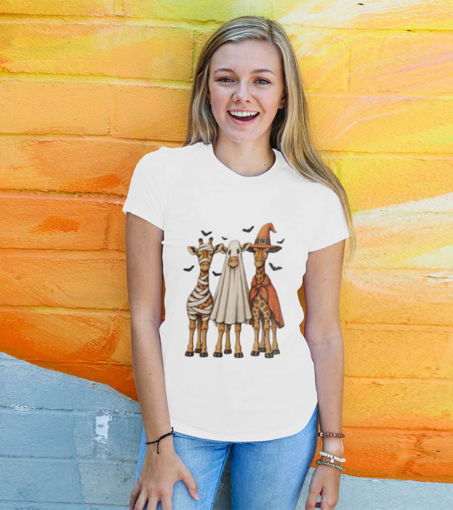 Giraffe Costume Halloween Mummy Ghost Witch Trio T-Shirt