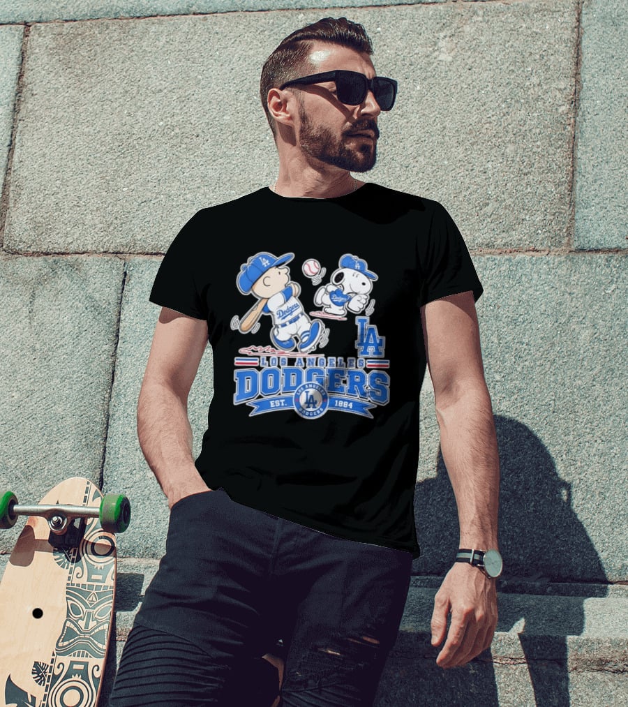 Peanuts Charlie Brown Snoopy Los Angeles Dodgers Baseball Est 1884 T-Shirt