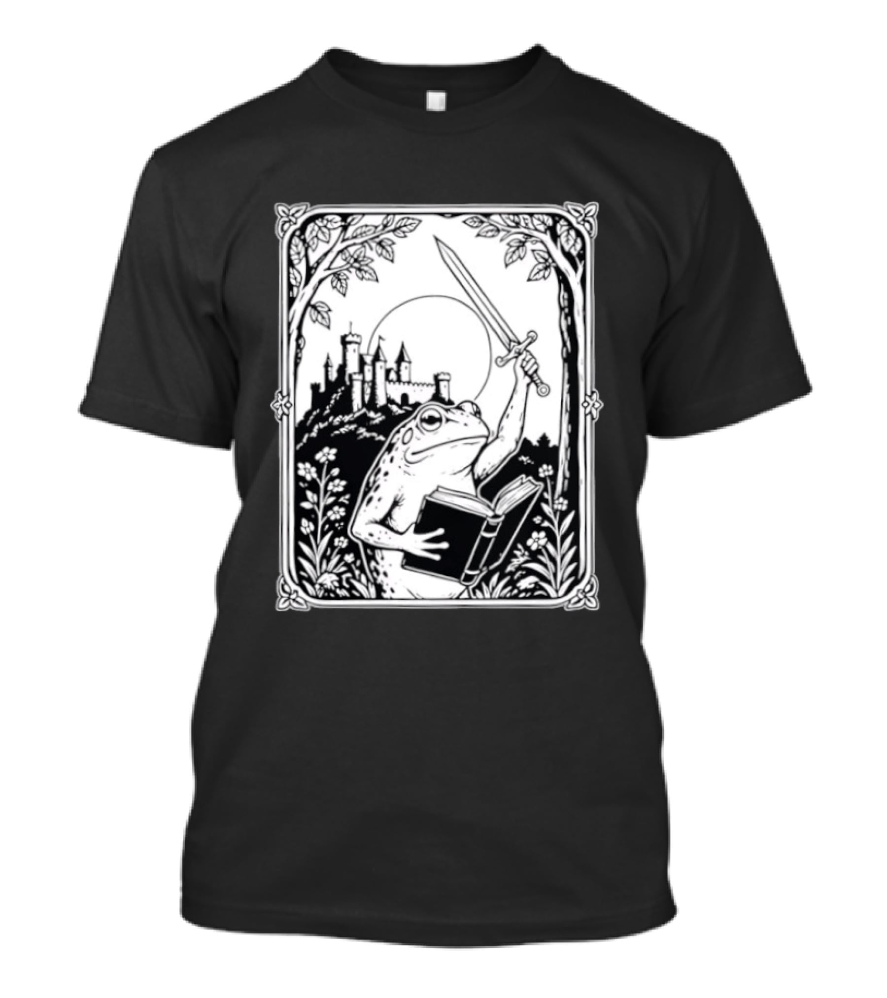 Warrior Frog Reading Book With Sword And Castle In Black And White Scene T-Shirt