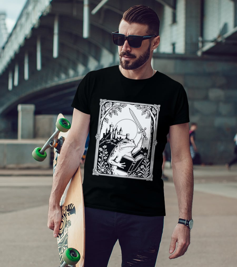 Warrior Frog Reading Book With Sword And Castle In Black And White Scene T-Shirt