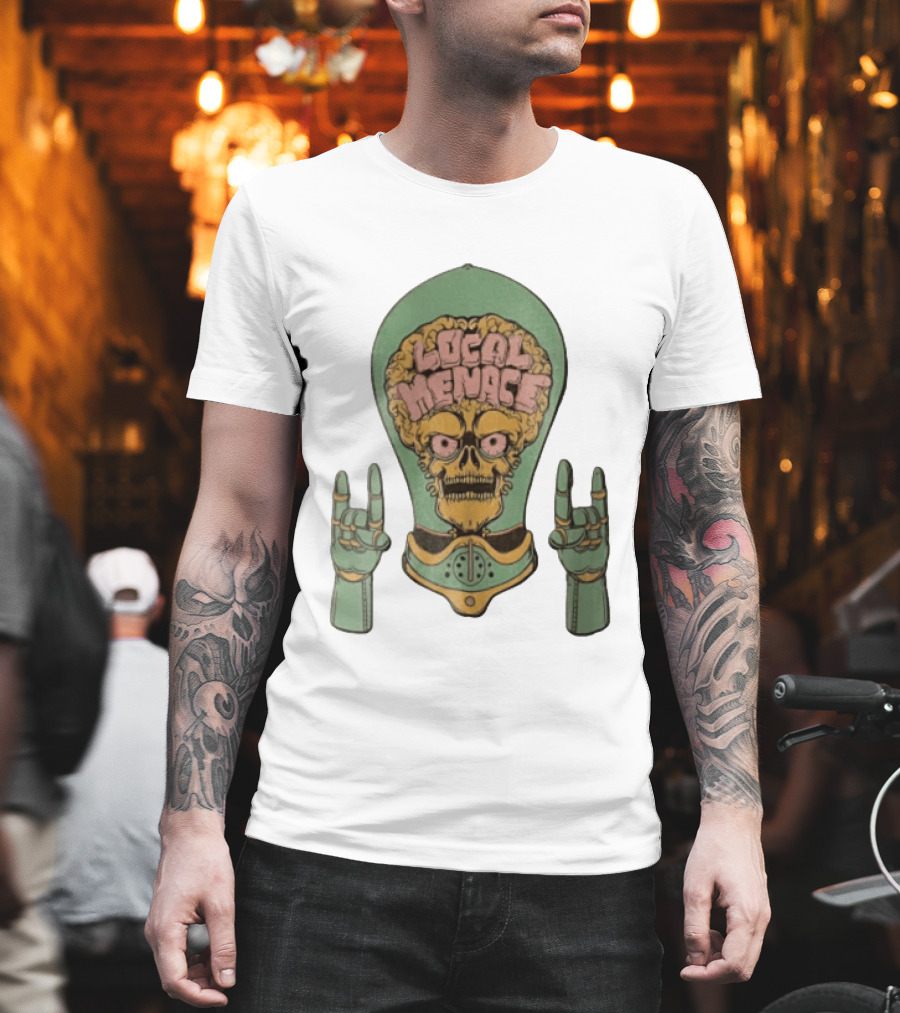 Local Menace Skull Exposed Brain Lightbulb Rock Hand Signs T-Shirt