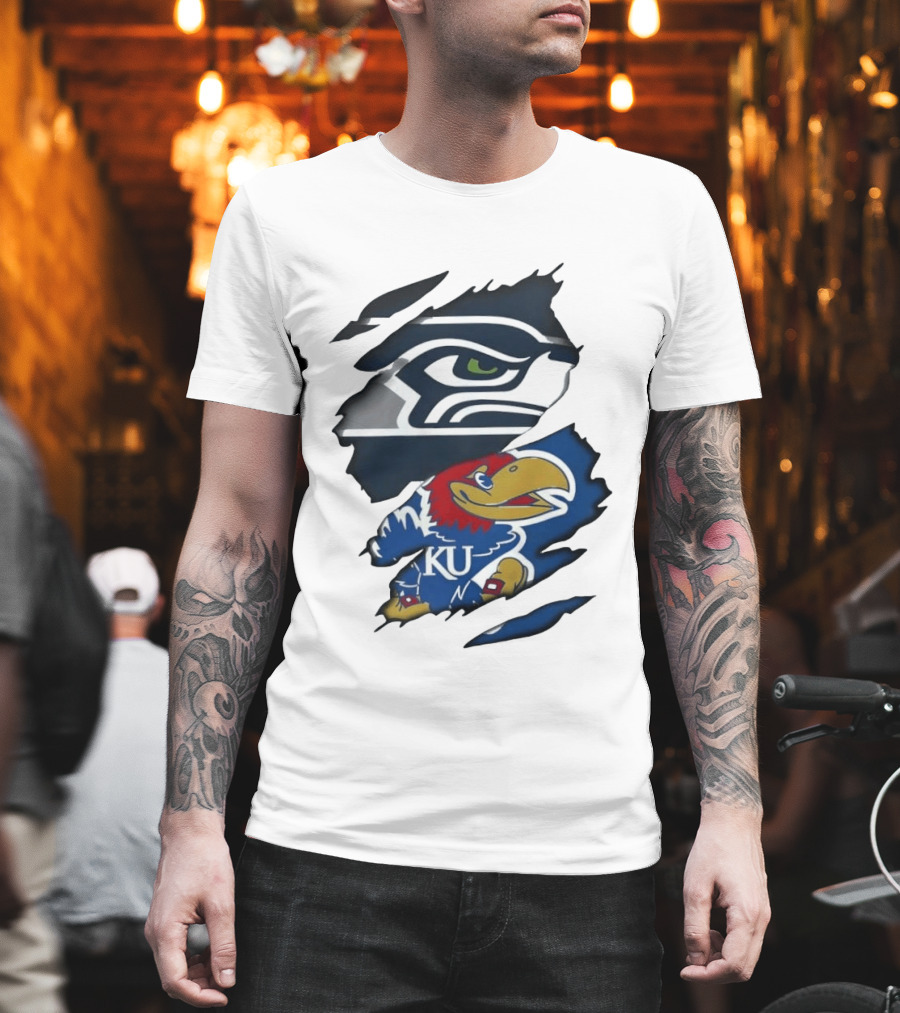 Seattle Seahawks And Kansas Jayhawks Torn Fabric Football And Basketball Fan Merchandise T-Shirt